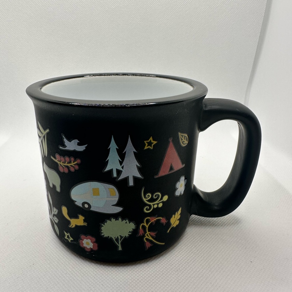 The Mug Into the Woods Black Ceramic Mug with Camping Design - 12oz